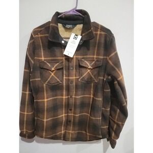 Member's Mark Men's Sherpa Lined Snap Down Fleece Shacket Size S Brown Plaid NWT